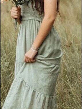 Women's Sage Green Tiered Maxi Dress with Smocked Bodice
